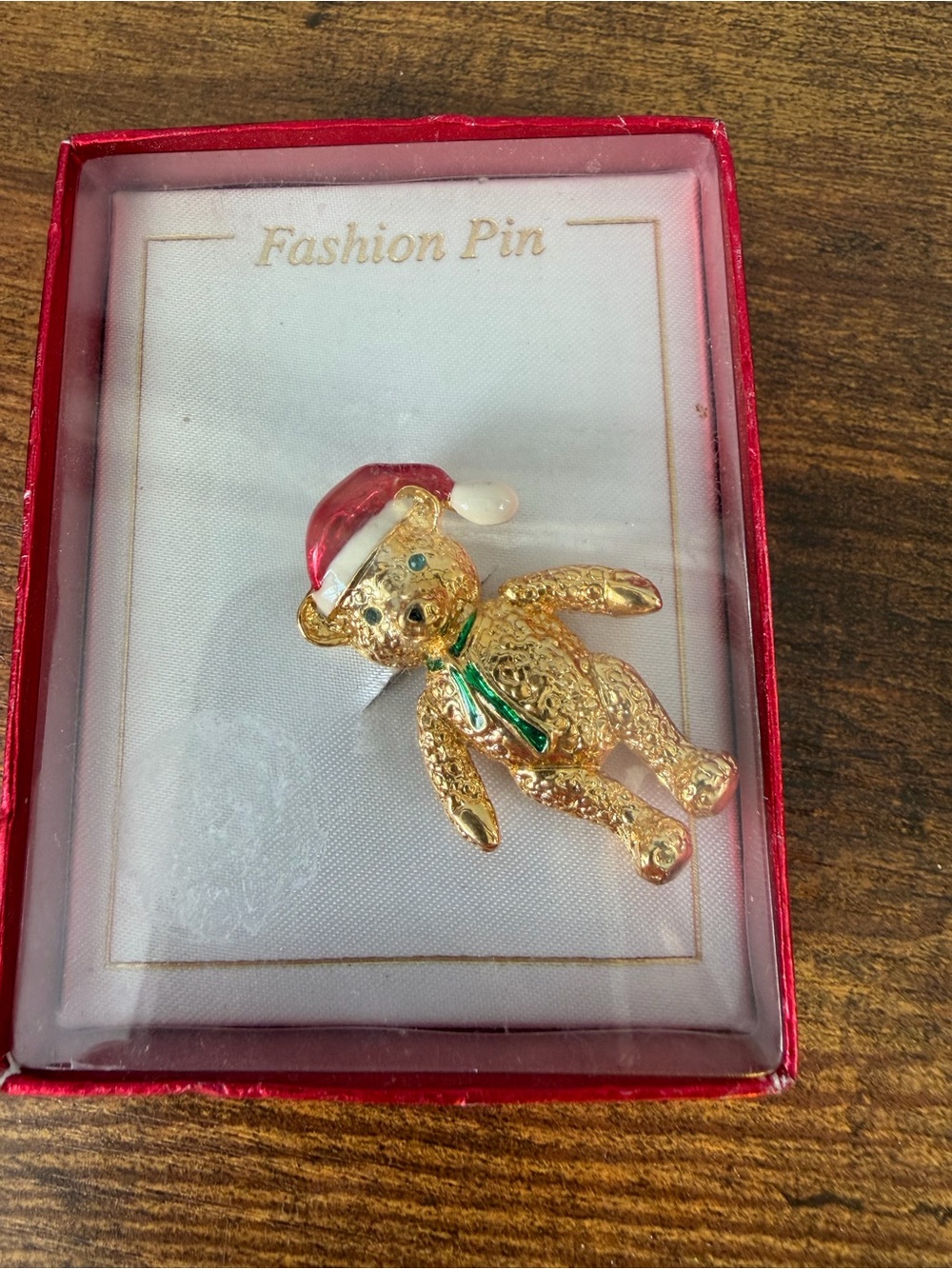 AAi Christmas Teddy Bear Brooch Vintage Santa Hat Rhinestone Enamel Boxed